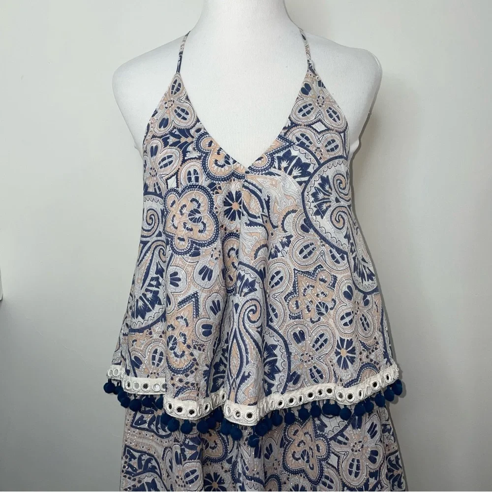 Tularosa Evolette Blue & White Paisley Pom-Pom Metallic Thread Mini Dress Size M - Picture 4 of 16